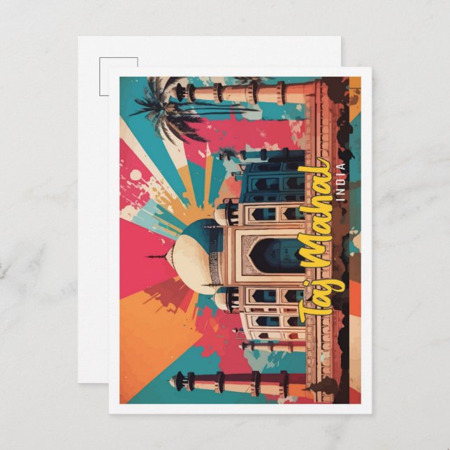Cartão Postal Ilustração de Viagem de Pop de Arte Taj Mahal Indi (Frente/Verso)