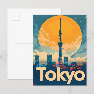 Cartão Postal Ilustração de Viagem de Retrô de Cidade de Tóquio