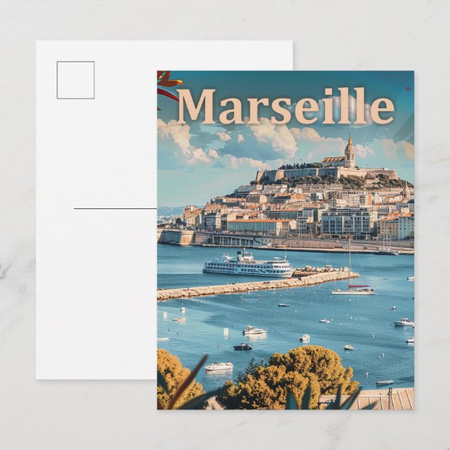 Cartão Postal Ilustração de Viagem de Retrô de Marselha França V (Frente/Verso)
