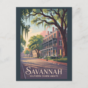 Cartão Postal Ilustração de viagem de Savannah Geórgia Arte Vint