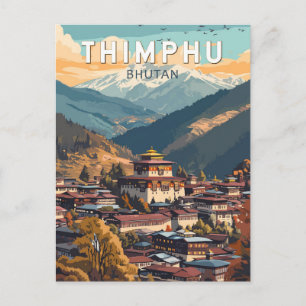 Cartão Postal Ilustração de viagem de Thimphu Butão Arte Vintage