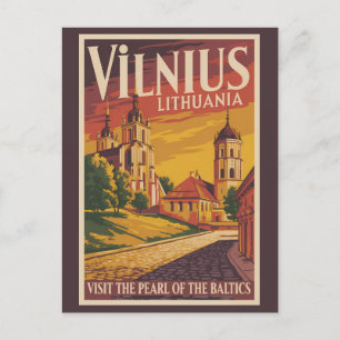 Cartão Postal Ilustração de Viagem de Vilnius Lituânia Vintage