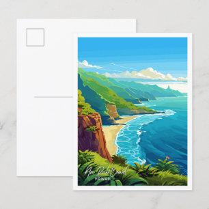 Cartão Postal Ilustração de Viagem de Vintage na Costa Pali do H