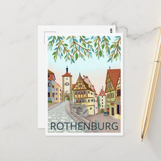 Cartão Postal Ilustração de Viagem de Vista Urbana de Rothenburg (Frente/Verso In Situ)