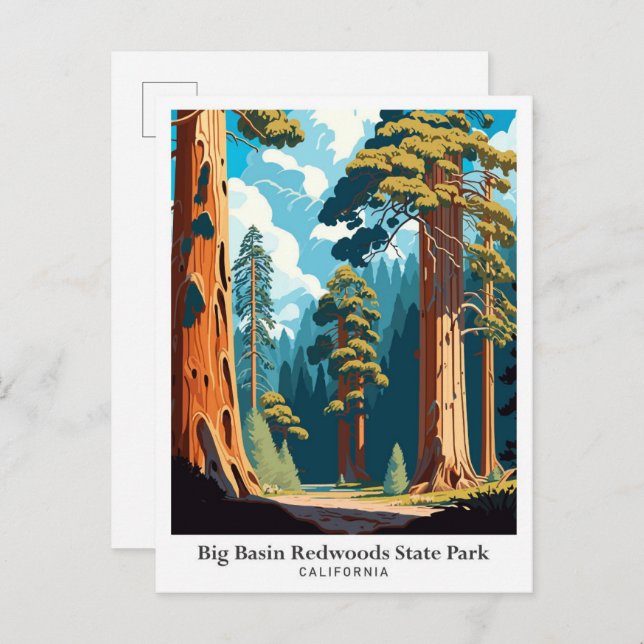 Cartão Postal Ilustração de Viagem do Parque Estadual Big Basin  (Frente/Verso)