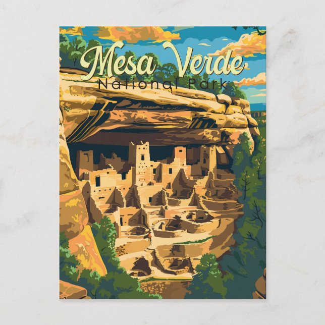 Cartão Postal Ilustração de Viagem do Parque Nacional Mesa Verde (Frente)