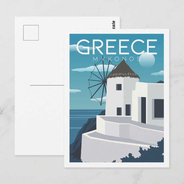 Cartão Postal Ilustração de Viagem Famosa da Grécia do Mykonos (Frente/Verso)