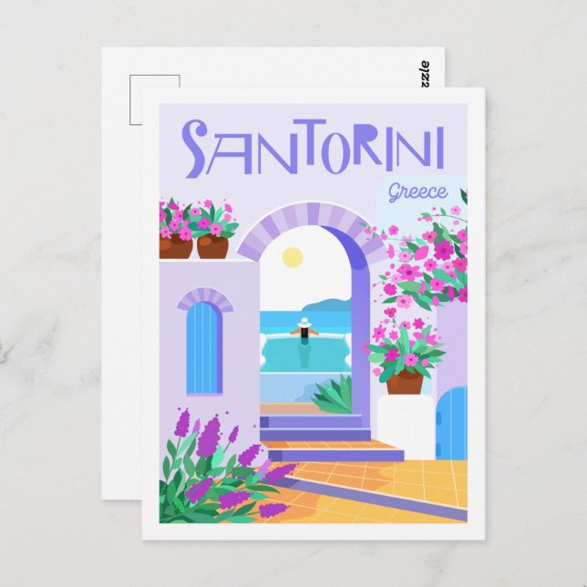 Cartão Postal Ilustração de Viagem Famosa da Grécia Santorini (Frente/Verso)