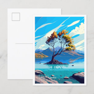 Cartão Postal Ilustração de Viagem Lago Wanaka Nova Zelândia