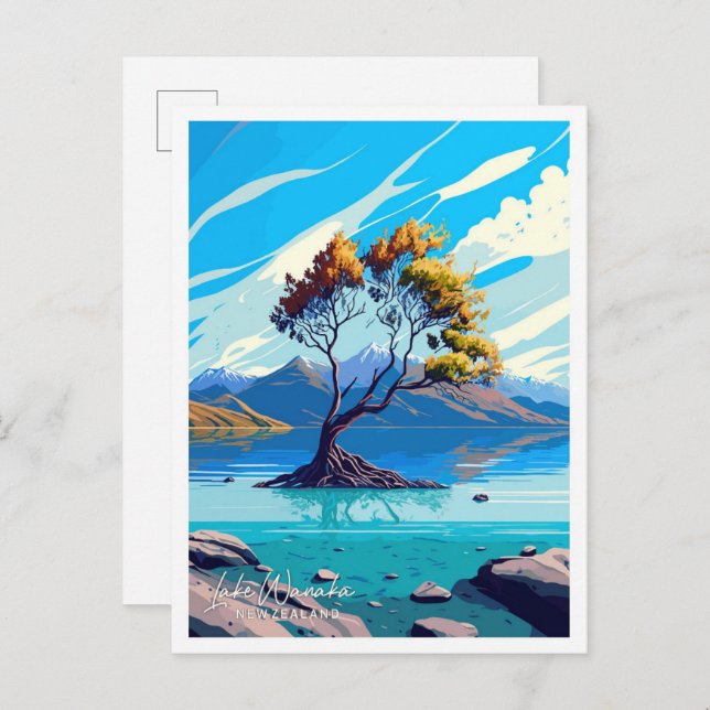 Cartão Postal Ilustração de Viagem Lago Wanaka Nova Zelândia (Frente/Verso)