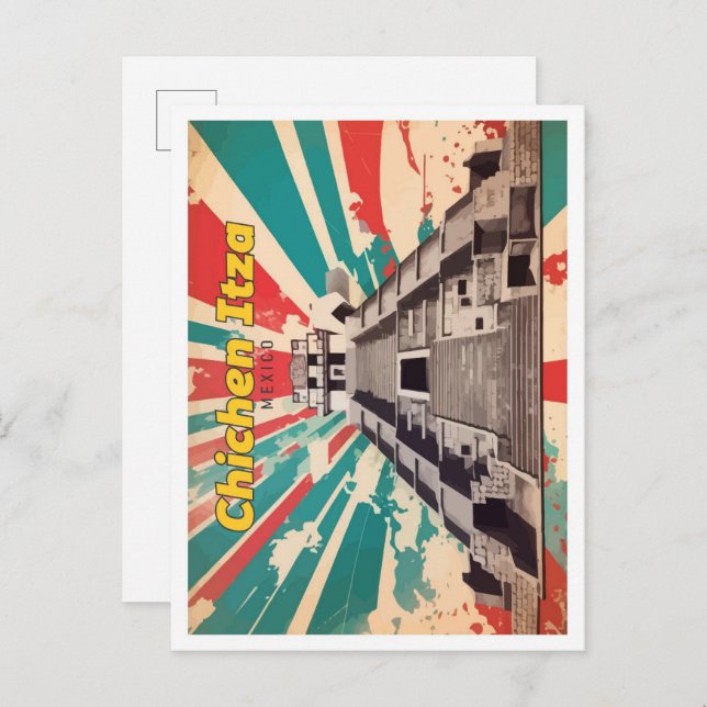 Cartão Postal Ilustração de Viagem Pop Art Chichen Itza México (Frente/Verso)