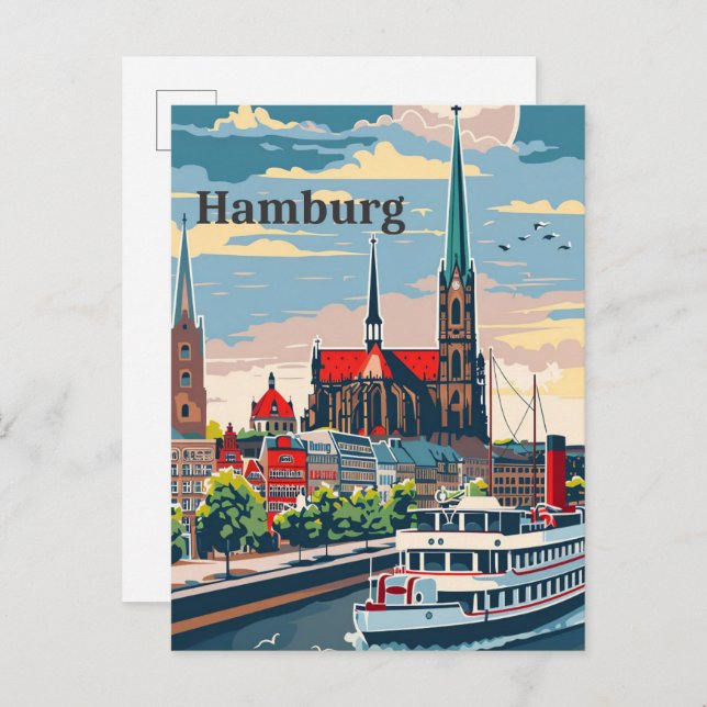 Cartão Postal Ilustração de Viagem retrovisor de Hamburgo, Alema (Frente/Verso)