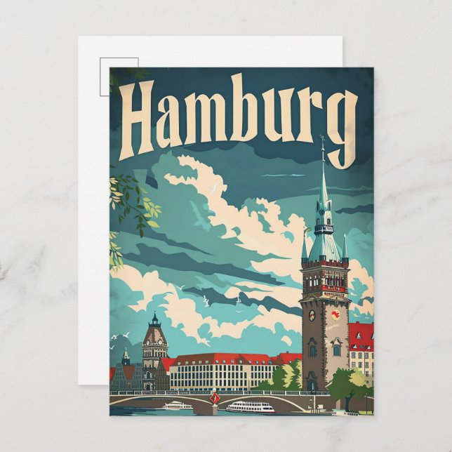Cartão Postal Ilustração de Viagem retrovisor de Hamburgo, Alema (Frente/Verso)