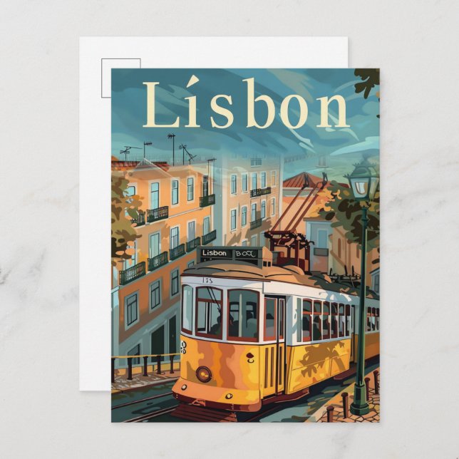 Cartão Postal Ilustração de Viagem retrovisor de Lisboa Portugal (Frente/Verso)