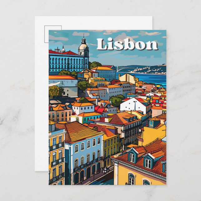 Cartão Postal Ilustração de Viagem retrovisor de Lisboa Portugal (Frente/Verso)