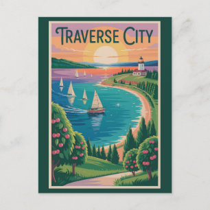 Cartão Postal Ilustração de Viagem Traverse City Lago Michigan