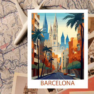 Cartão Postal Ilustração de Viagem Vintage Barcelona Retrô