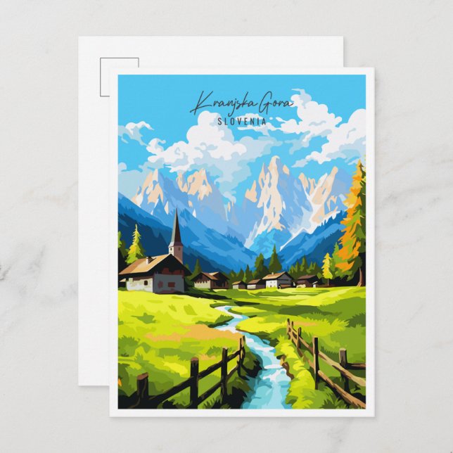 Cartão Postal Ilustração de viagem vintage Kranjska Gora Eslovên (Frente/Verso)