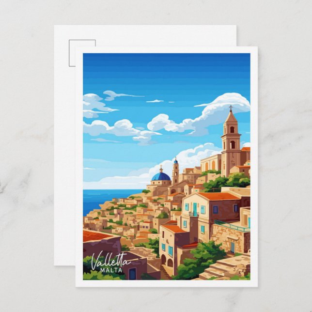 Cartão Postal Ilustração de Viagem Vintage La Malta (Frente/Verso)