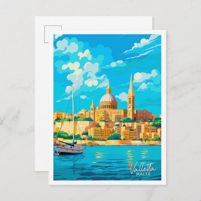 Cartão Postal Ilustração de Viagem Vintage La Malta (Frente/Verso)