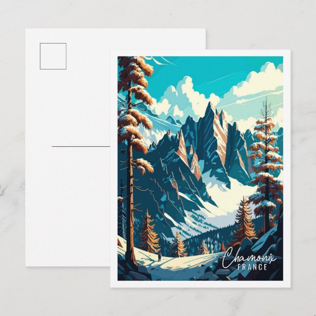 Cartão Postal Ilustração de viagens vintage Chamonix France (Frente/Verso)