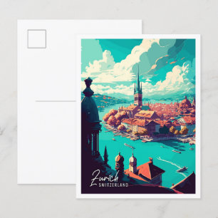 Cartão Postal Ilustração de viagens vintage de Arte de Suiça Zur