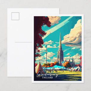 Cartão Postal Ilustração de viagens vintage de Glastonbury Engla
