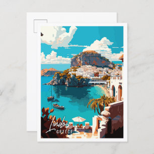 Cartão Postal Ilustração de viagens vintage de Grécia de Lindos