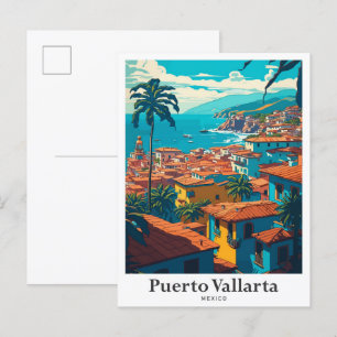 Cartão Postal Ilustração de Viagens vintage de Puerto Vallarta M