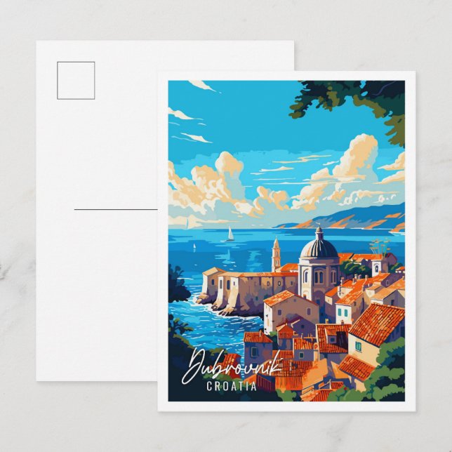 Cartão Postal Ilustração de viagens vintage Dubrovnik Croácia (Frente/Verso)