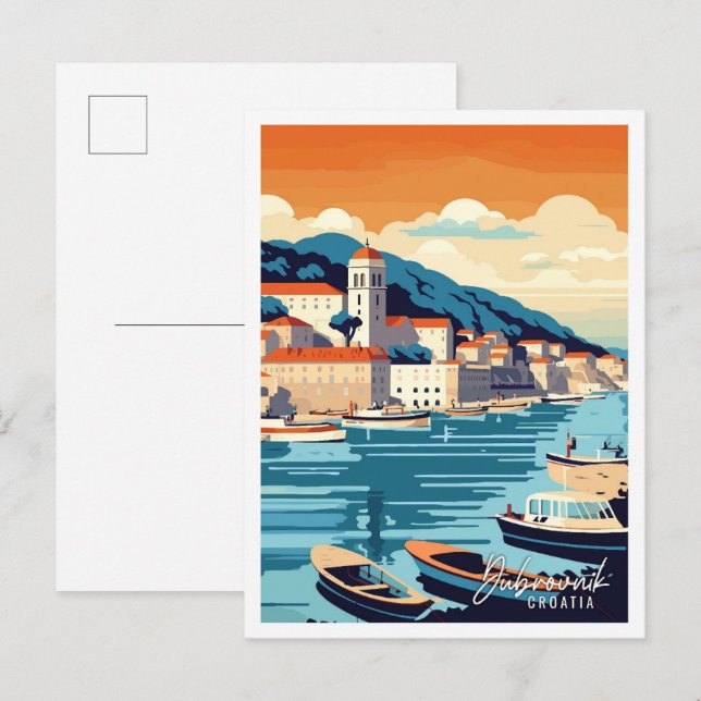 Cartão Postal Ilustração de viagens vintage Dubrovnik Croácia (Frente/Verso)