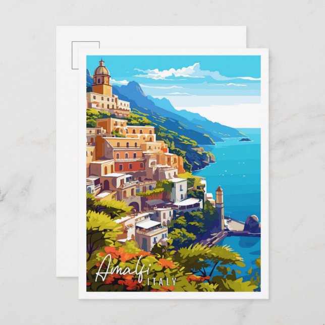 Cartão Postal Ilustração de viagens vintage Itália Amalfi (Frente/Verso)