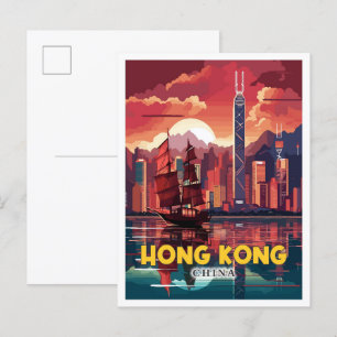 Cartão Postal Ilustração de viagens vintage na China em Hong Kon