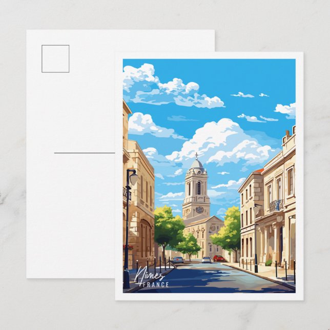 Cartão Postal Ilustração de viagens vintage Nimes France (Frente/Verso)