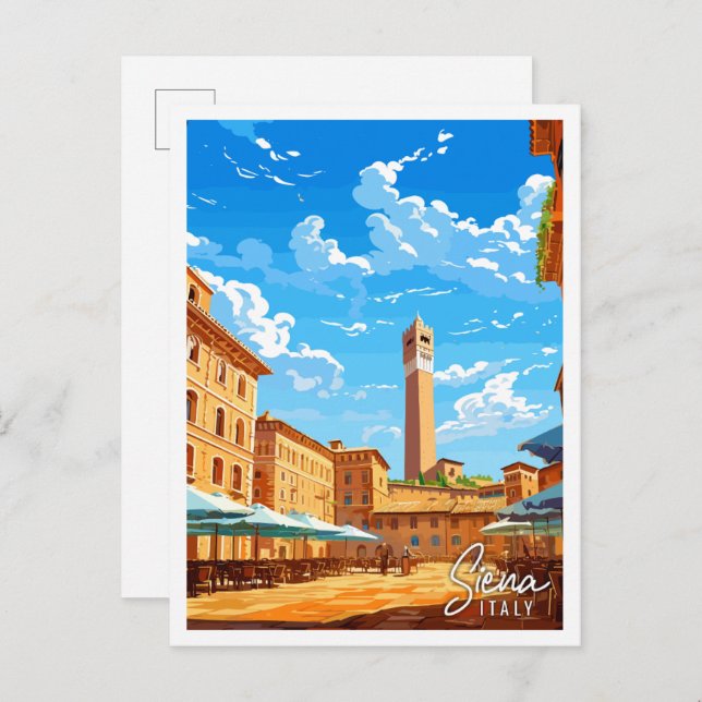 Cartão Postal Ilustração de viagens vintage Siena Itália (Frente/Verso)
