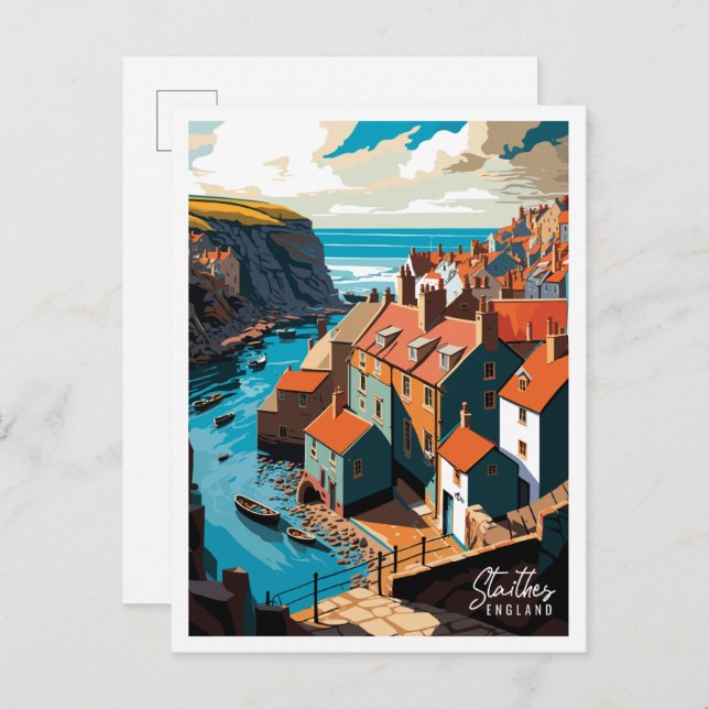 Cartão Postal Ilustração de viagens vintage Staithes England (Frente/Verso)