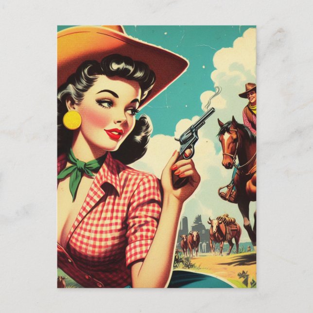 Cartão Postal Ilustração de Vintage Pulp Cowgirl (Frente)