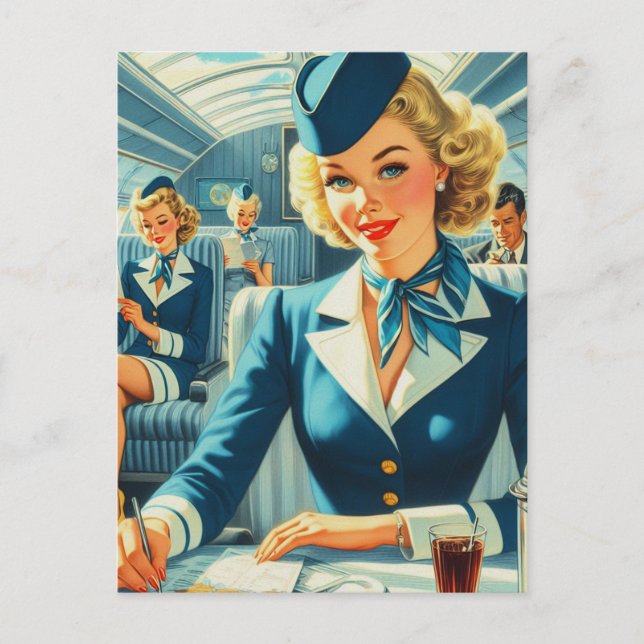 Cartão Postal Ilustração de Vintage Stewardess (Frente)