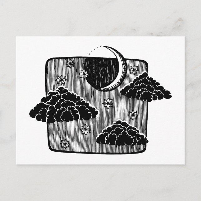 Cartão Postal Ilustração Desenhada à Mão do Céu Noturno com Lua  (Frente)