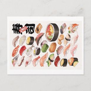 Cartão Postal Ilustração Desenhada Pela Mão De Sushi Japonesa