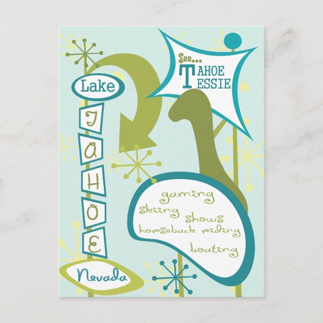 Cartão Postal Ilustração Divertida do Lago Tahoe (Frente)