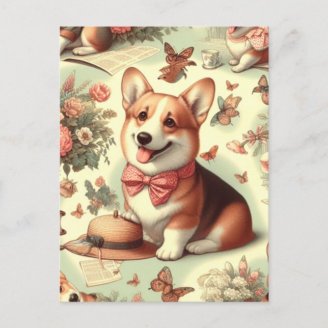 Cartão Postal Ilustração do Cardião Vintage Welsh Corgi (Frente)
