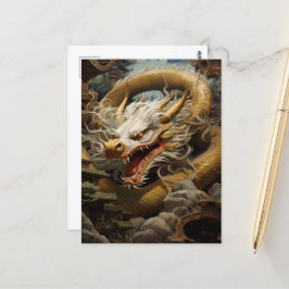 Cartão Postal Ilustração do Dragão Oriental Amarelo e Branco