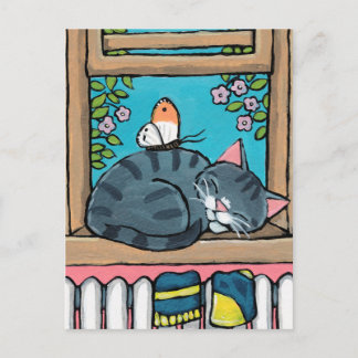 Cartão Postal Ilustração do gato e da borboleta de gato malhado