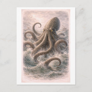 Cartão Postal Ilustração do Kraken em Estilo Vintage (Série de M