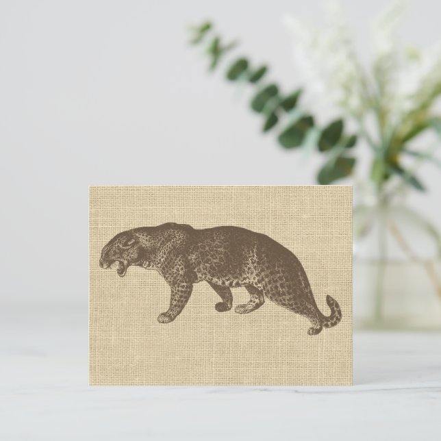 Cartão Postal Ilustração do Leopardo Vintage em Burlap (Em pé/Frente)