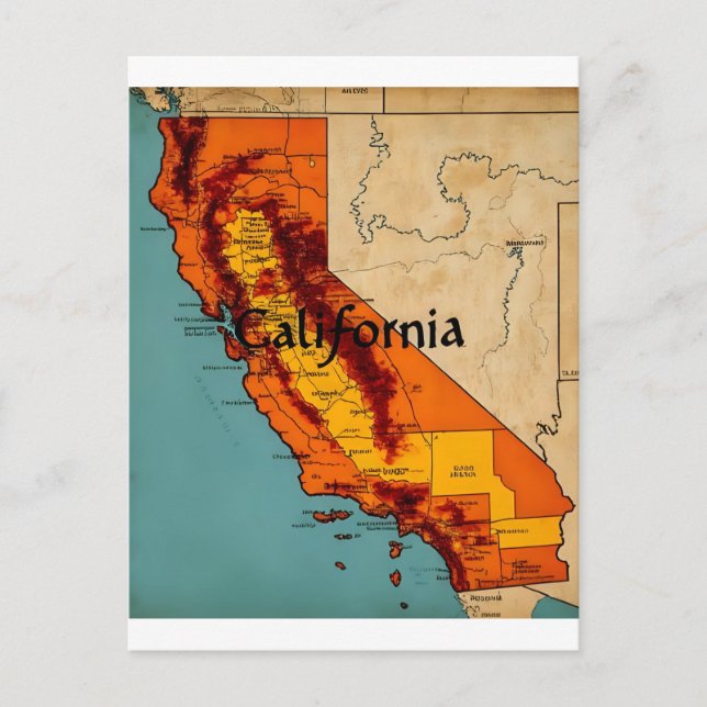Cartão Postal Ilustração do Mapa da Califórnia (Frente)