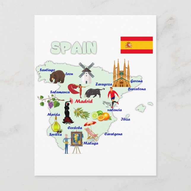 Cartão Postal Ilustração do Mapa de espanhas (Frente)