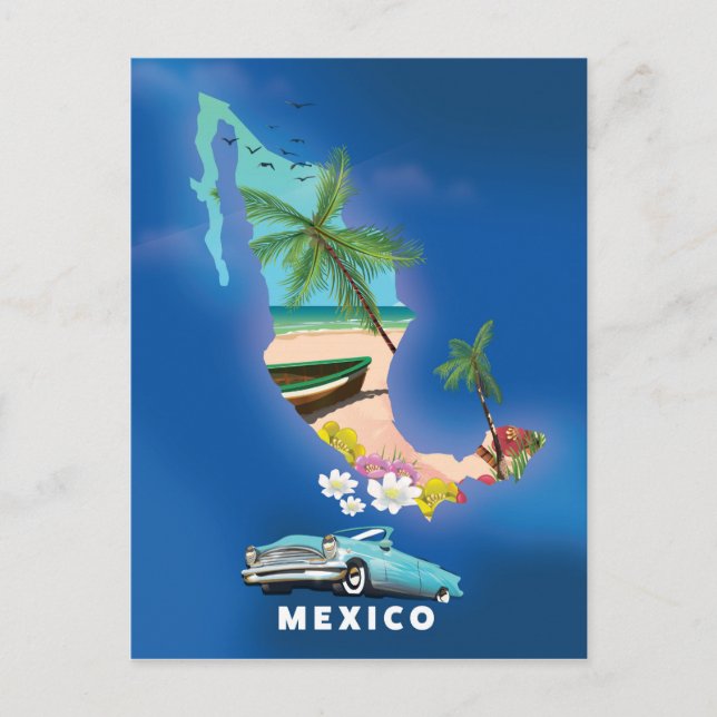 Cartão Postal Ilustração do mapa do México, pôster de viagem. (Frente)