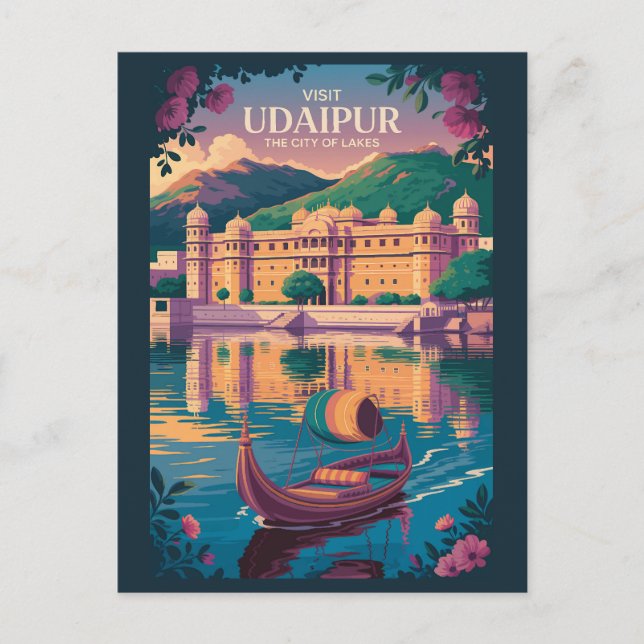 Cartão Postal Ilustração do Palácio da Cidade de Udaipur, Índia, (Frente)
